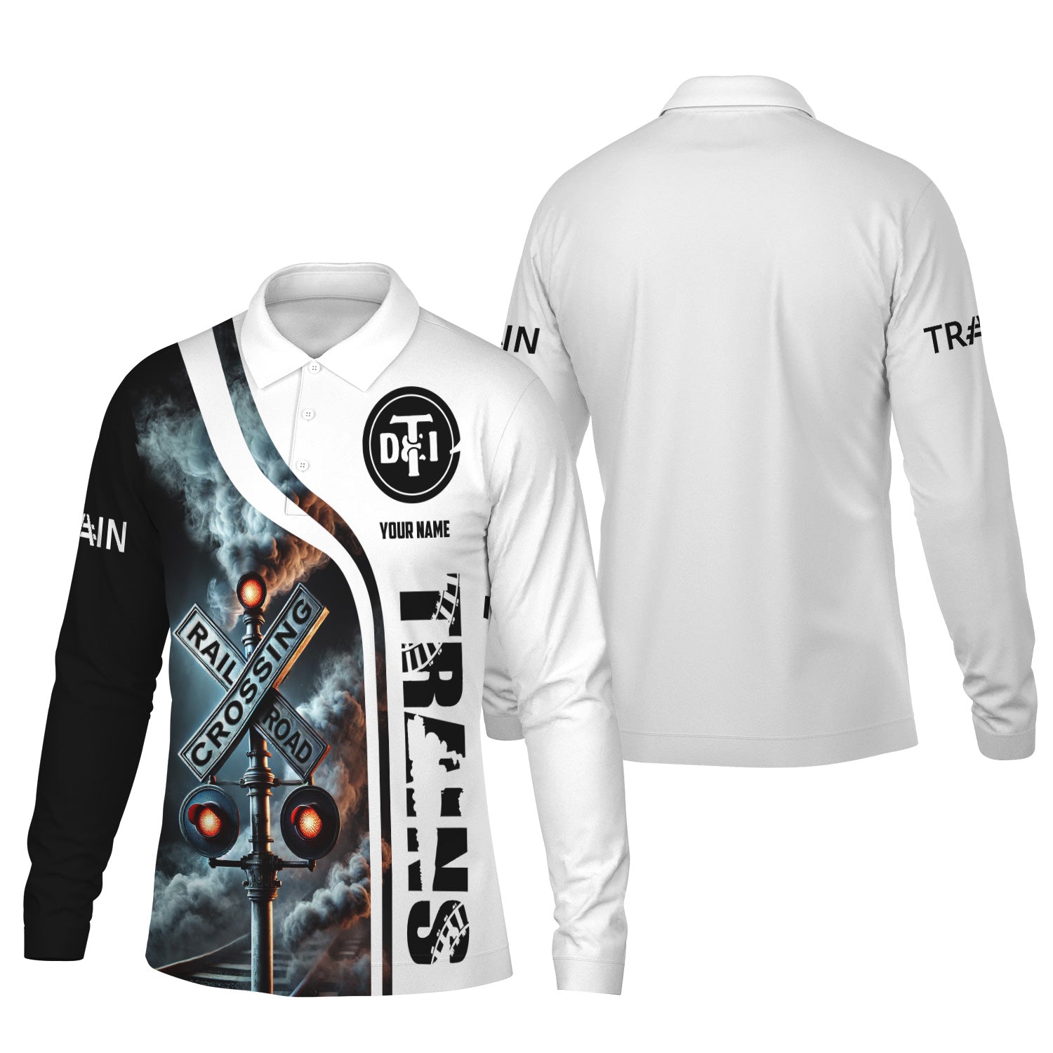Railspirit Custom Name Detroit Toledo And Ironton Railroad Long Sleeve Polo Shirt Railroad Crossing Sign Printed Shirt