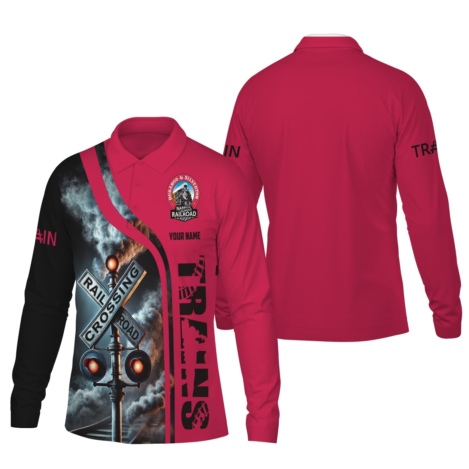 Railspirit Custom Name Durango And Silverton Narrow Gauge Railroad Long Sleeve Polo Shirt Railroad Crossing Sign Printed Shirt