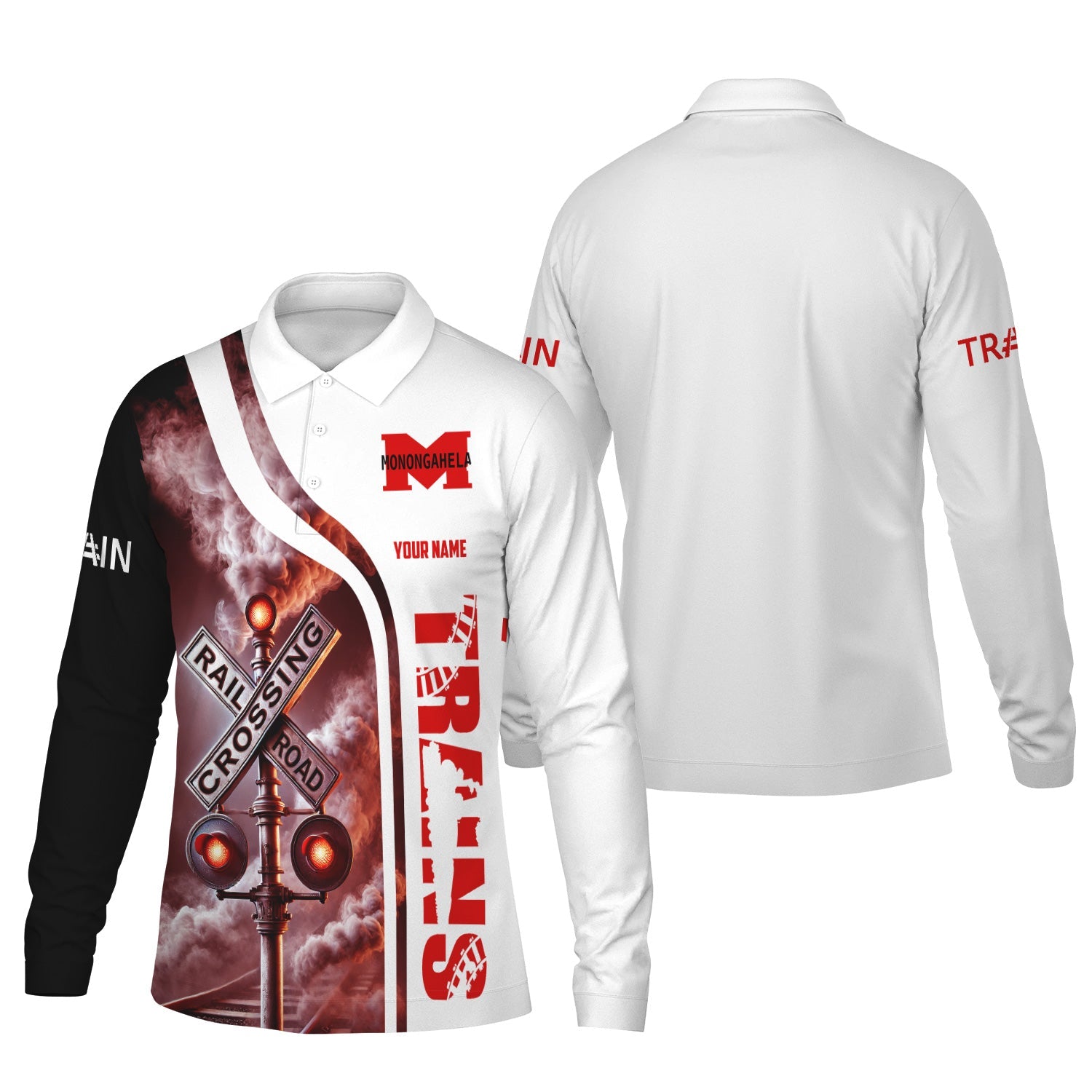 Railspirit Custom Name Monongahela Railroad Long Sleeve Polo Shirt Railroad Crossing Sign Printed Shirt