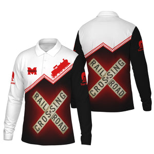 Railspirit Custom Name Monongahela Railroad Long Sleeve Polo Shirt Railroad Crossing Printed Train Track Shirt