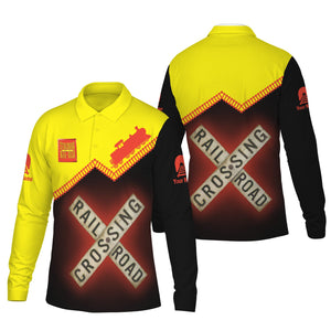 Railspirit Custom Name Strasburg Railroad Long Sleeve Polo Shirt Railroad Crossing Printed Train Track Shirt