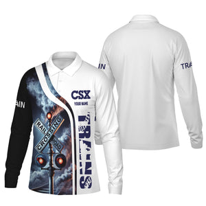 Railspirit Custom Name CSX Transportation Railroad Long Sleeve Polo Shirt Railroad Crossing Sign Printed Shirt