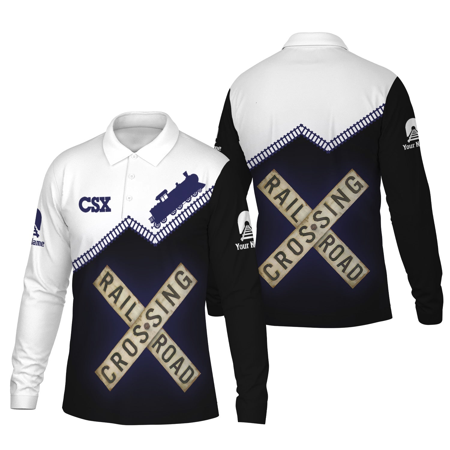Railspirit Custom Name CSX Transportation Railroad Long Sleeve Polo Shirt Railroad Crossing Printed Train Track Shirt