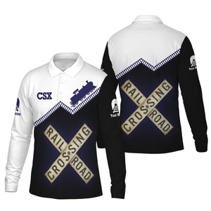 Railspirit Custom Name CSX Transportation Railroad Long Sleeve Polo Shirt Railroad Crossing Printed Train Track Shirt