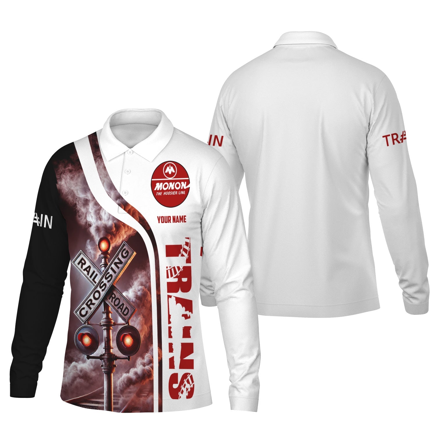 Railspirit Custom Name Monon Railroad Long Sleeve Polo Shirt Railroad Crossing Sign Printed Shirt