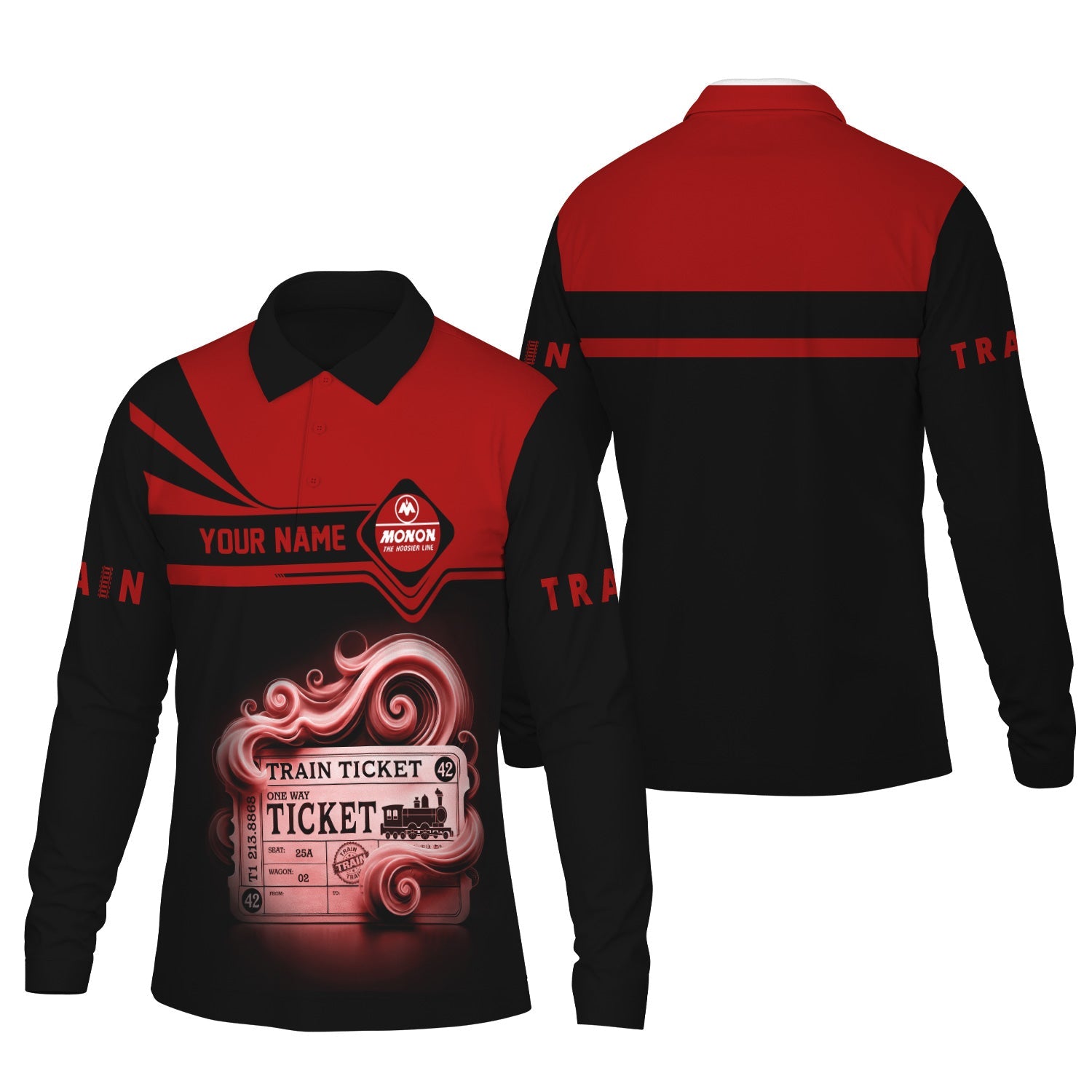 Railspirit Custom Name Monon Railroad Long Sleeve Polo Shirt Train Ticket Printed Shirt