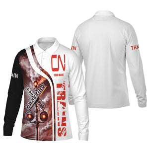 Railspirit Custom Name Canadian National Railroad Long Sleeve Polo Shirt Railroad Crossing Sign Printed Shirt