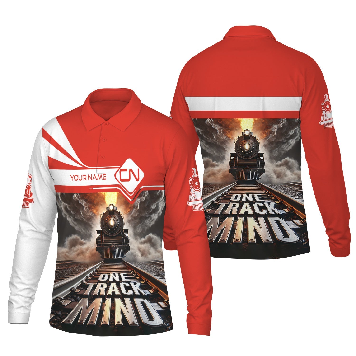 Railspirit Personalized Canadian National Railroad Long Sleeve Polo Shirt One Track Mind Train Printed Shirt