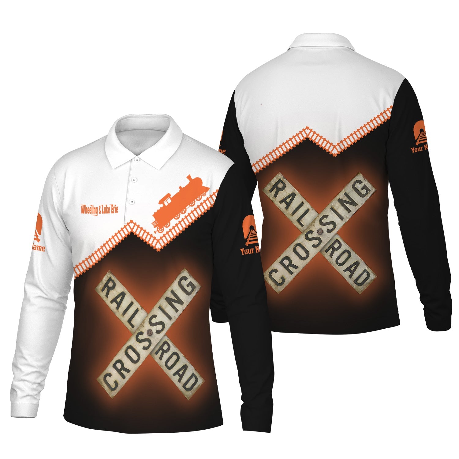 Railspirit Custom Name Wheeling And Lake Erie Railroad Long Sleeve Polo Shirt Railroad Crossing Printed Train Track Shirt