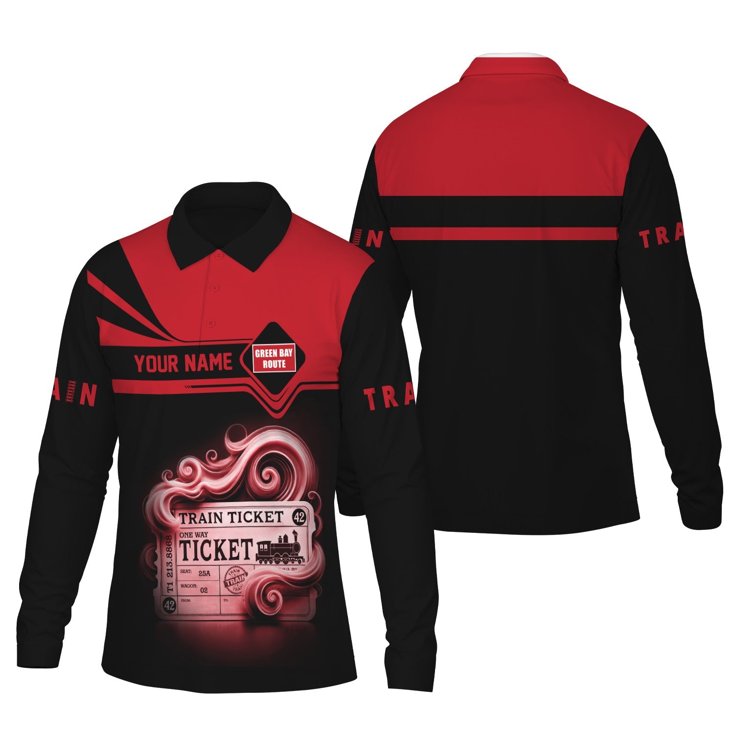 Railspirit Custom Name Green Bay & Western Railroad Long Sleeve Polo Shirt Train Ticket Printed Shirt