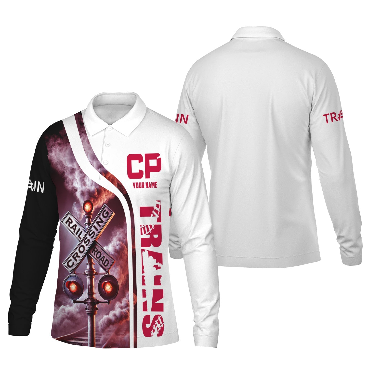 Railspirit Custom Name Canadian Pacific Railroad Long Sleeve Polo Shirt Railroad Crossing Sign Printed Shirt