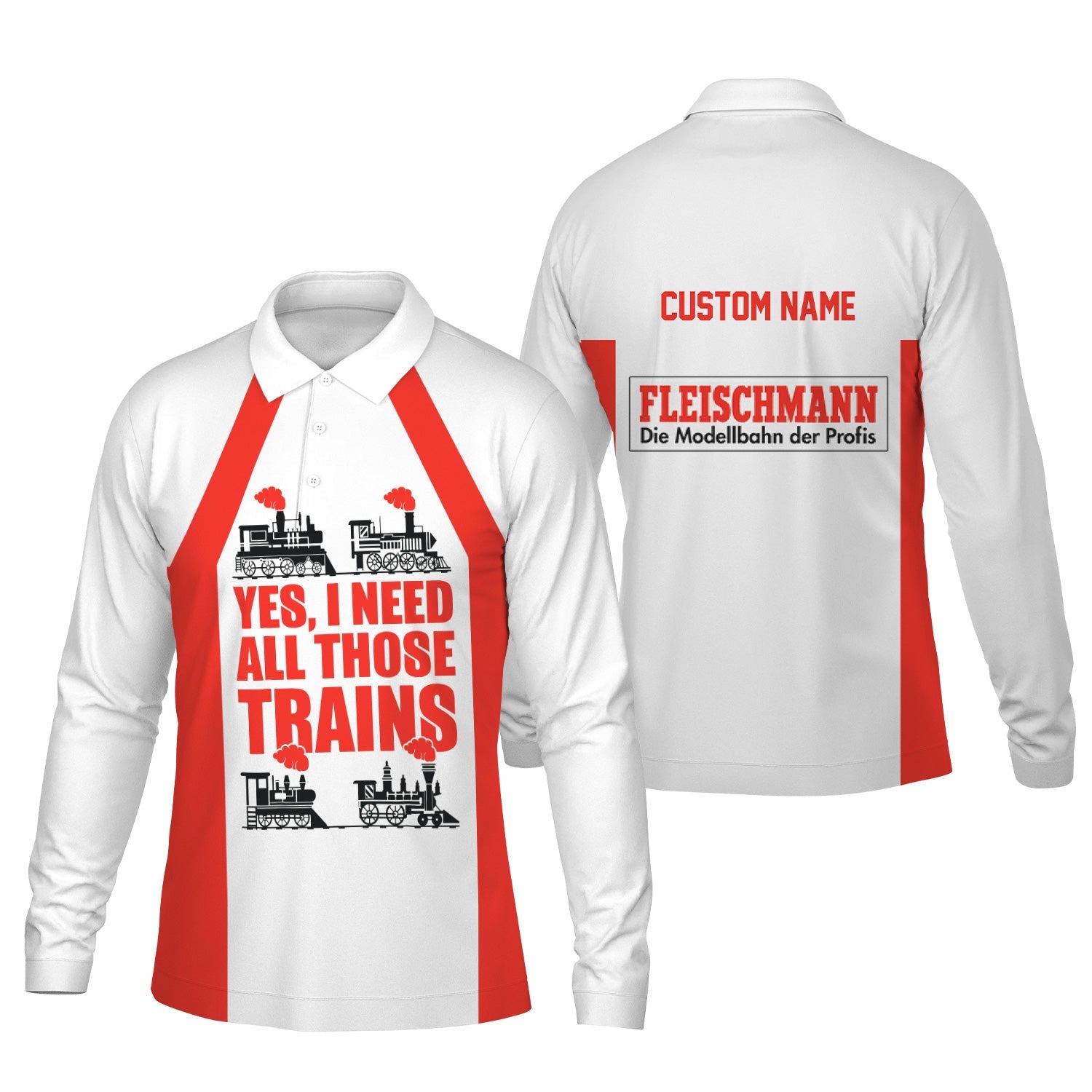 Railspirit Custom Name Fleischmann And Western Railroad Long Sleeve Polo Shirt Yes I Need All Those Train Printed Shirt