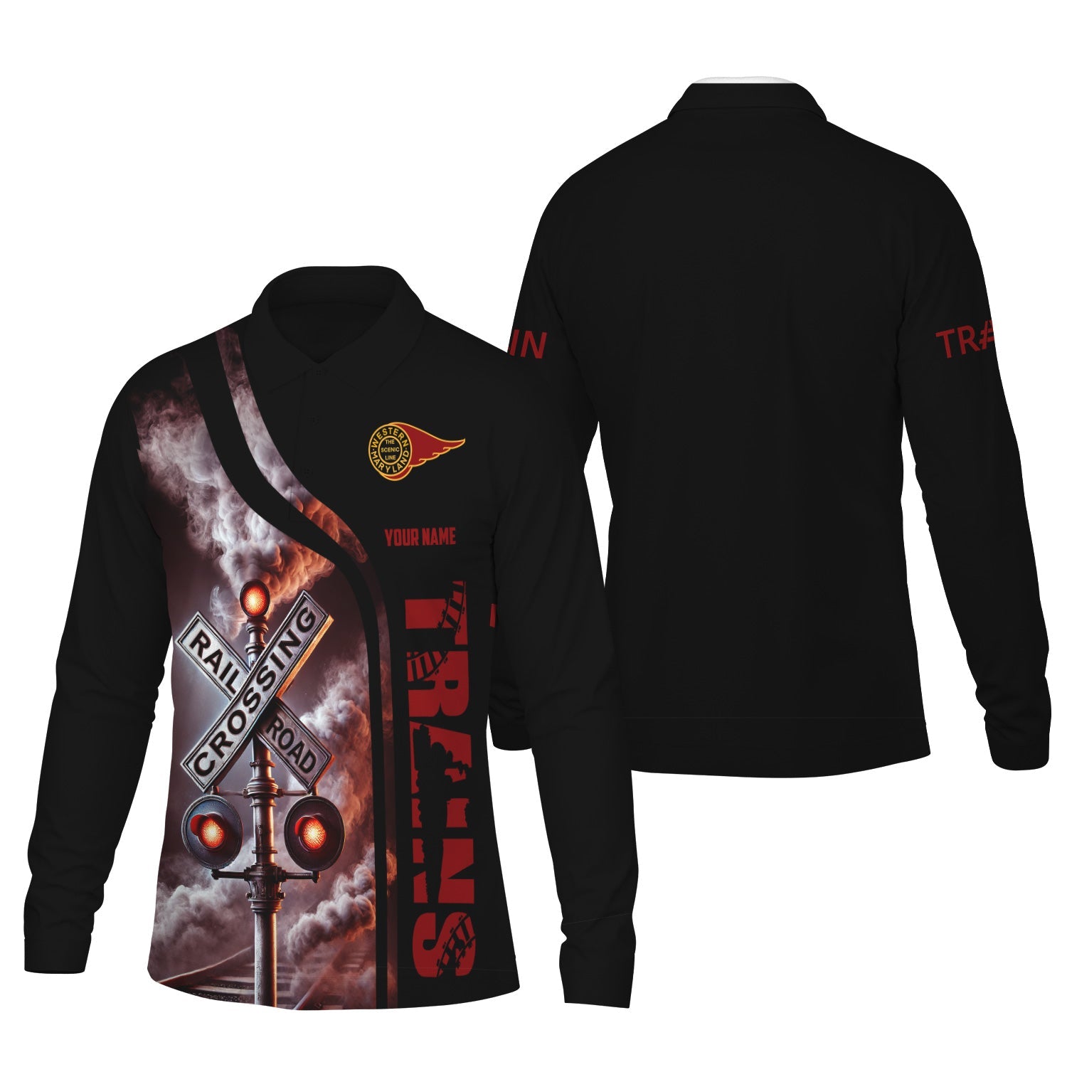 Railspirit Custom Name Western Maryland Railway Long Sleeve Polo Shirt Railroad Crossing Sign Printed Shirt