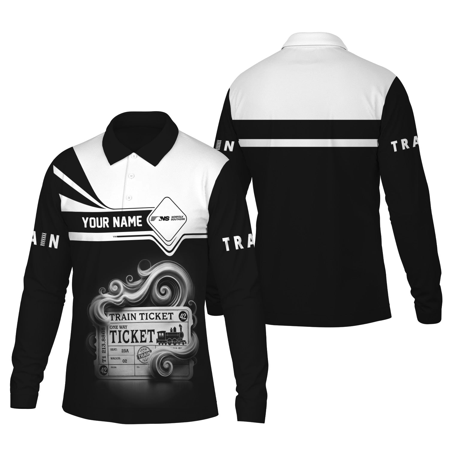 Railspirit Custom Name Norfolk Southern Railway Long Sleeve Polo Shirt Train Ticket Printed Shirt