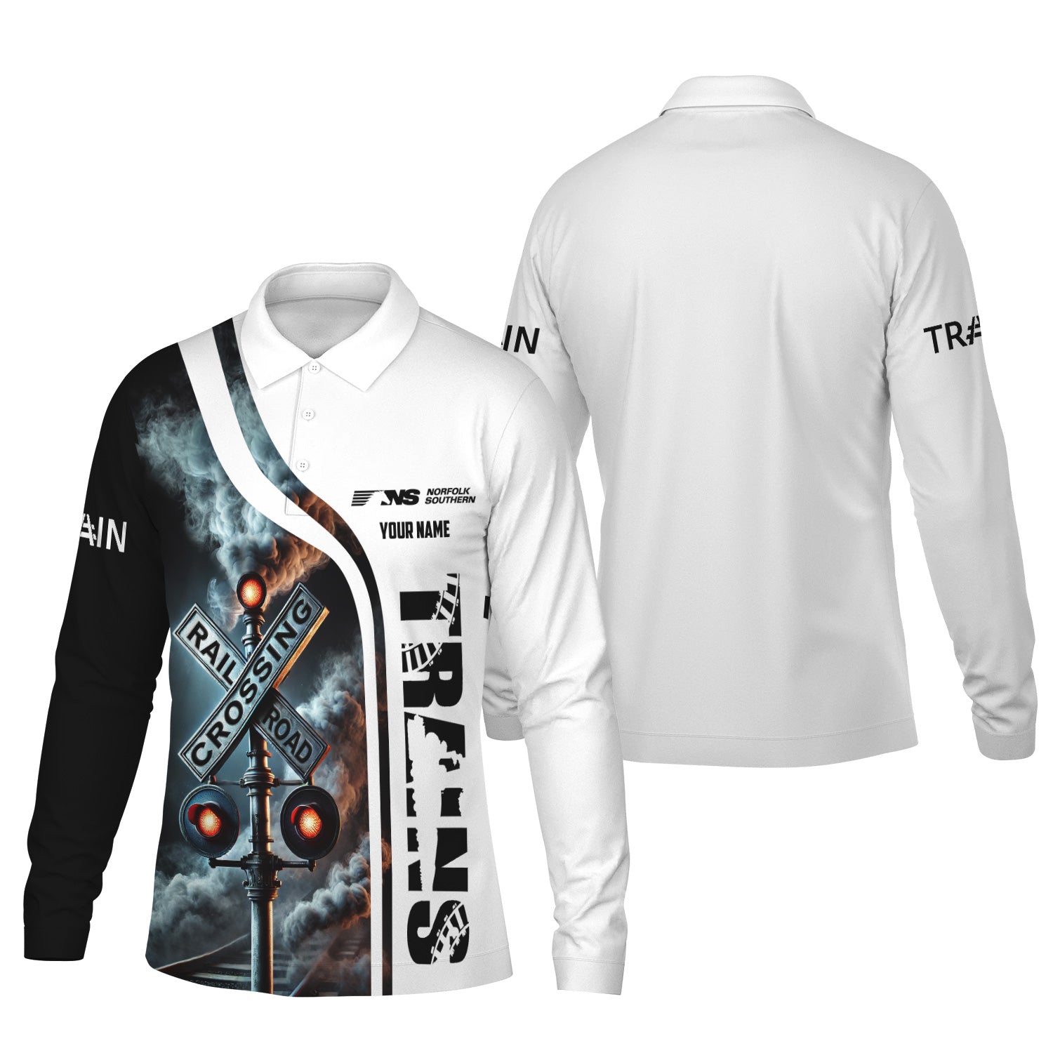 Railspirit Custom Name Norfolk Southern Railway Long Sleeve Polo Shirt Railroad Crossing Sign Printed Shirt