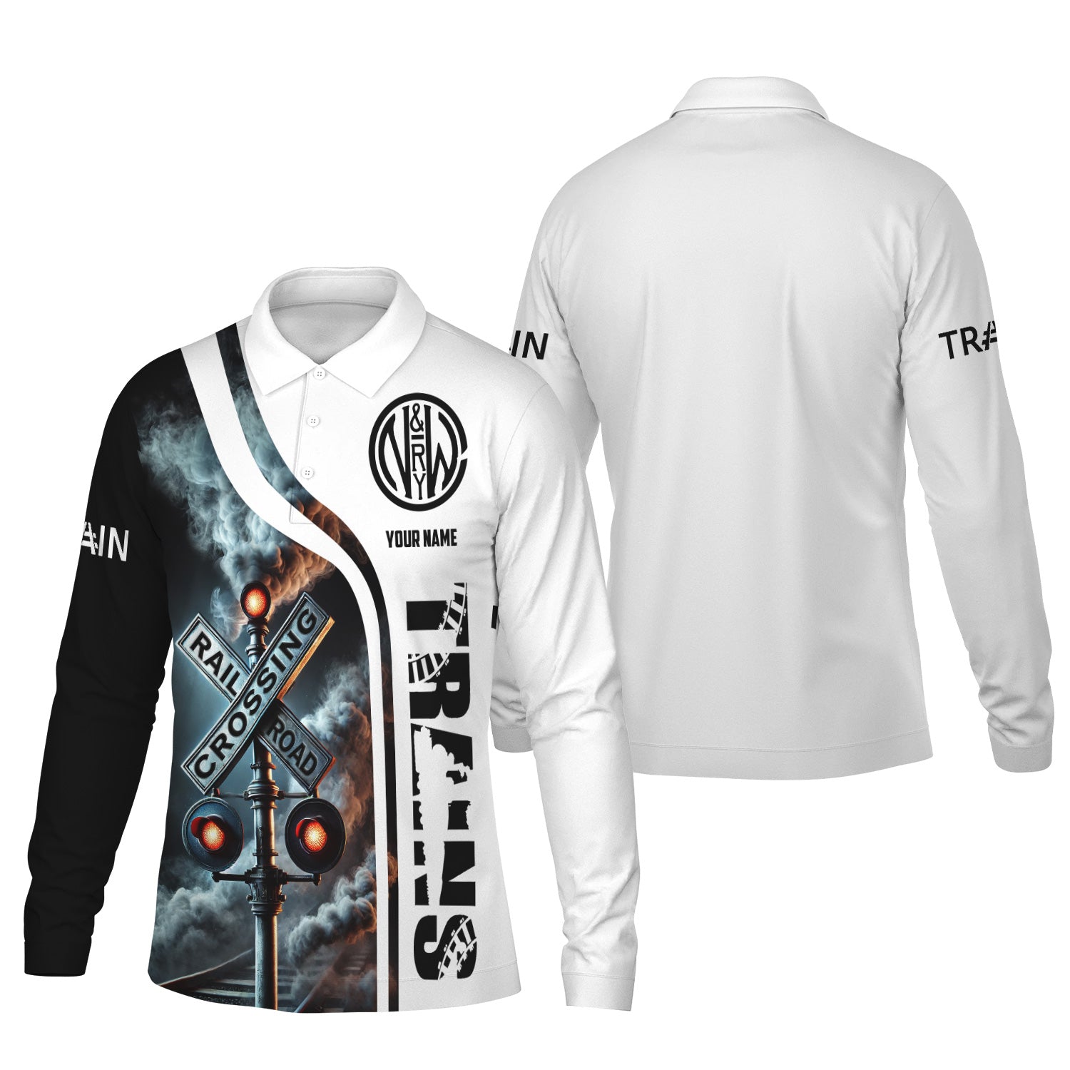 Railspirit Custom Name Norfolk and Western Railway Long Sleeve Polo Shirt Railroad Crossing Sign N&W Printed Shirt