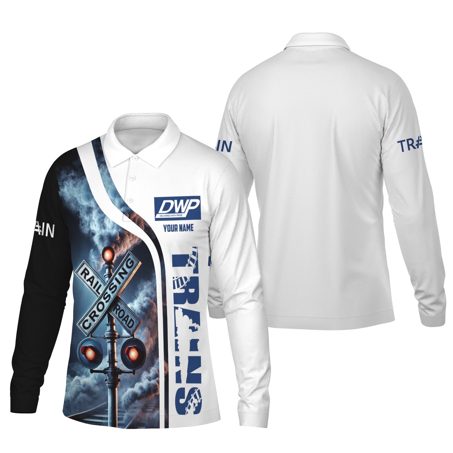 Railspirit Custom Name Duluth, Winnipeg and Pacific Railway Long Sleeve Polo Shirt Railroad Crossing Sign Printed Shirt