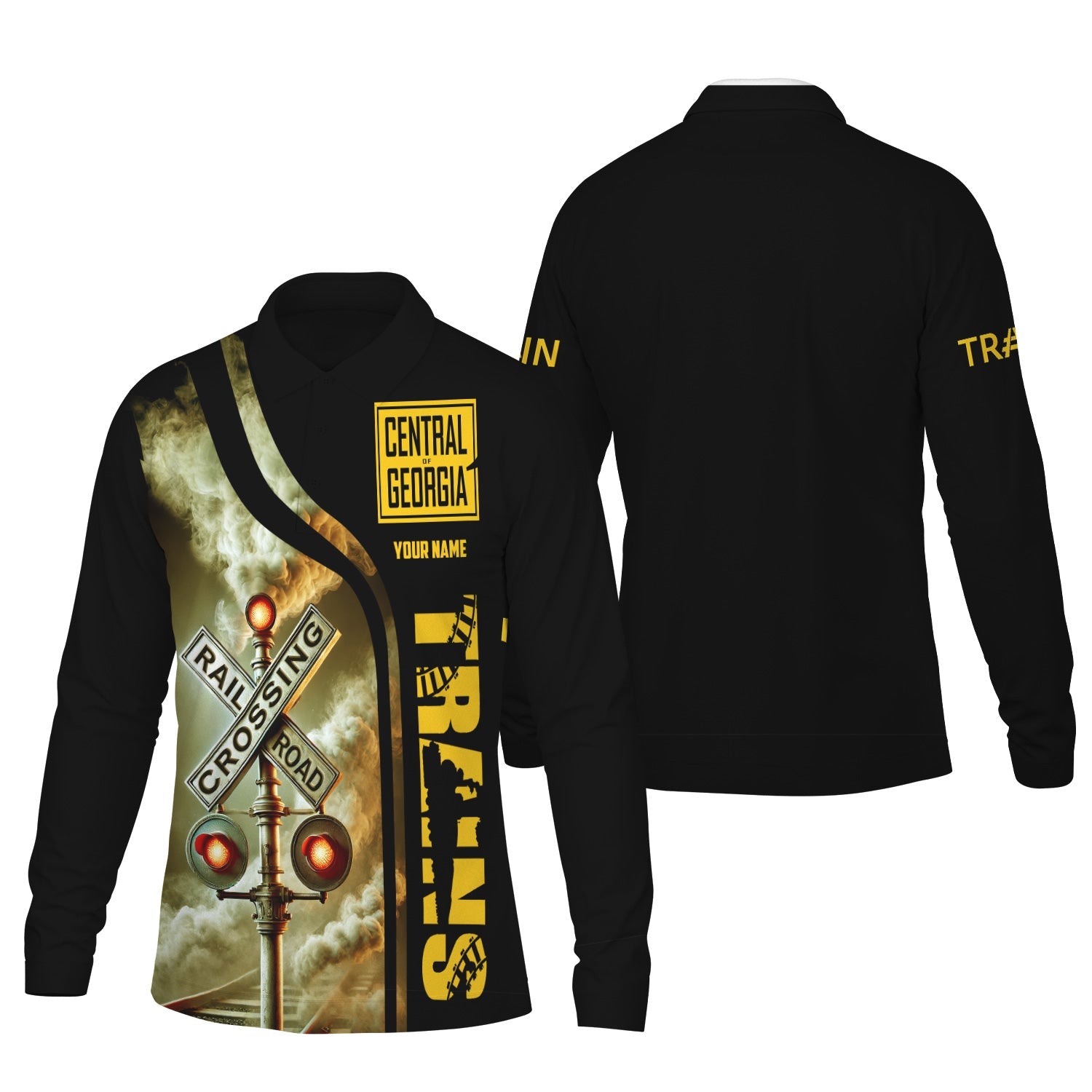 Railspirit Custom Name Central of Georgia Railway Long Sleeve Polo Shirt Railroad Crossing Sign Printed Shirt