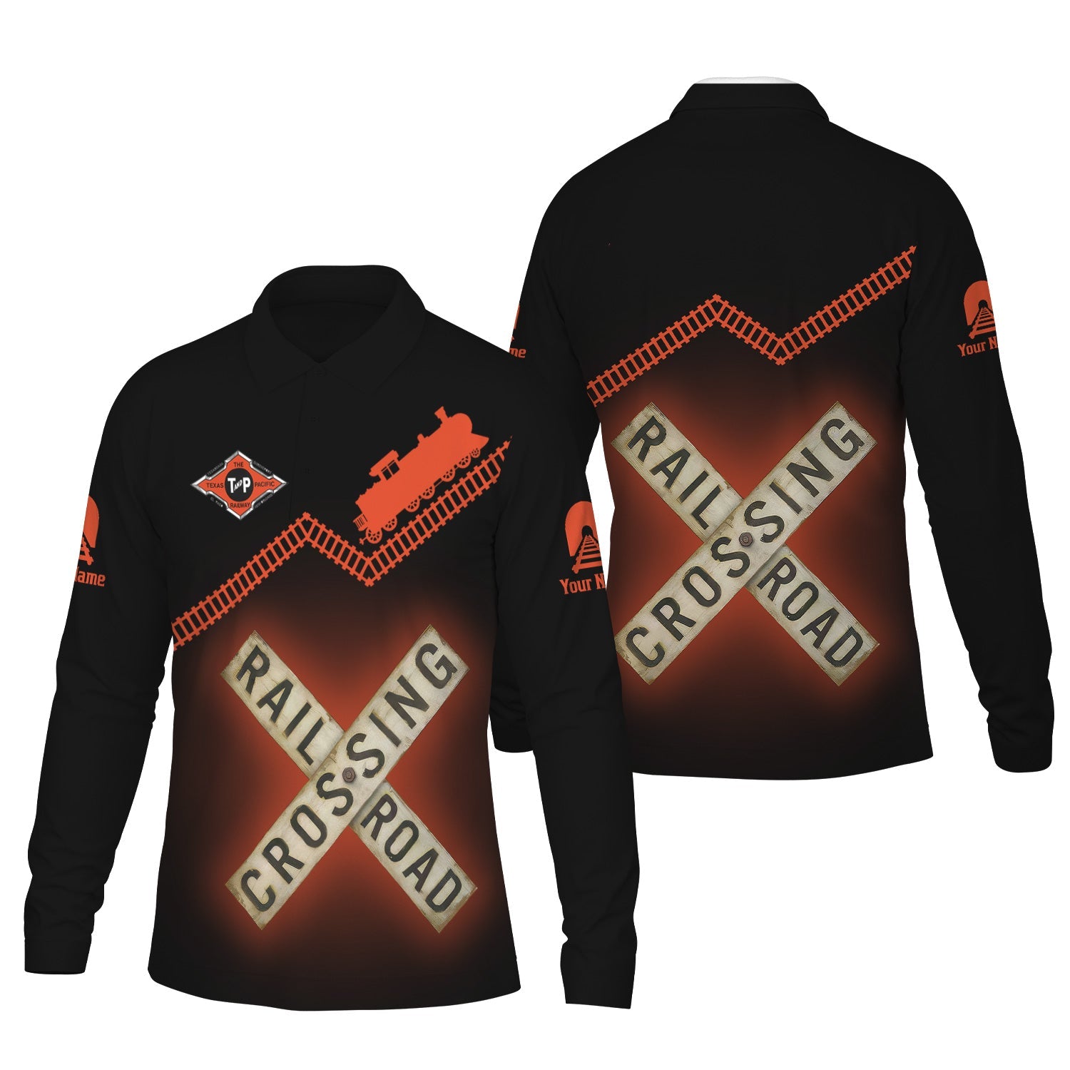Railspirit Custom Name Texas and Pacific Railway Long Sleeve Polo Shirt Railroad Crossing Printed Train Track Shirt