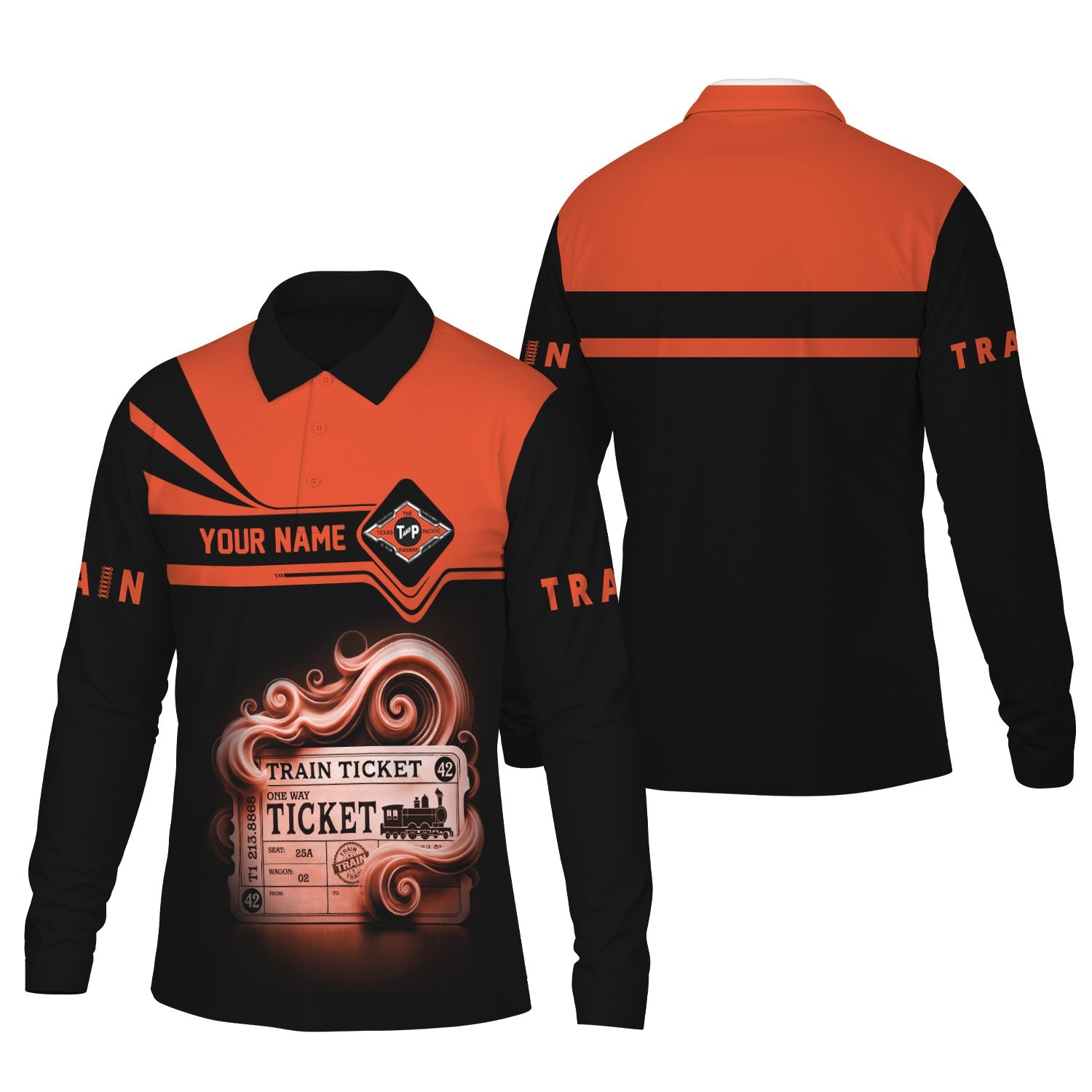 Railspirit Custom Name Texas and Pacific Railway Long Sleeve Polo Shirt Train Ticket Printed Shirt