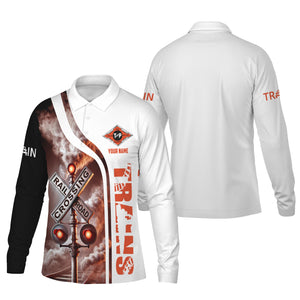 Railspirit Custom Name Texas and Pacific Railway Long Sleeve Polo Shirt Railroad Crossing Sign Printed Shirt