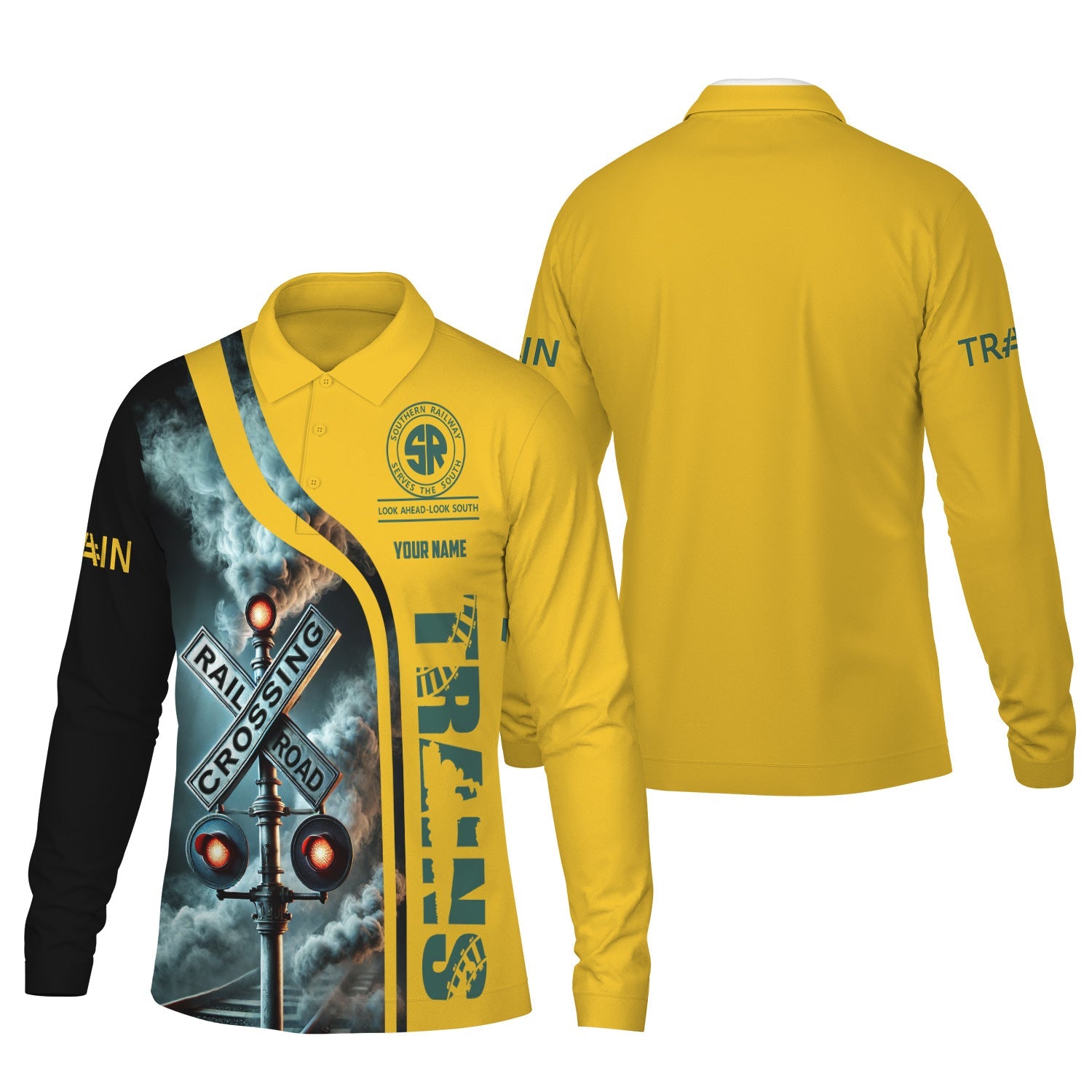 Railspirit Custom Name Southern Railway U.S Long Sleeve Polo Shirt Railroad Crossing Sign SOU Printed Shirt