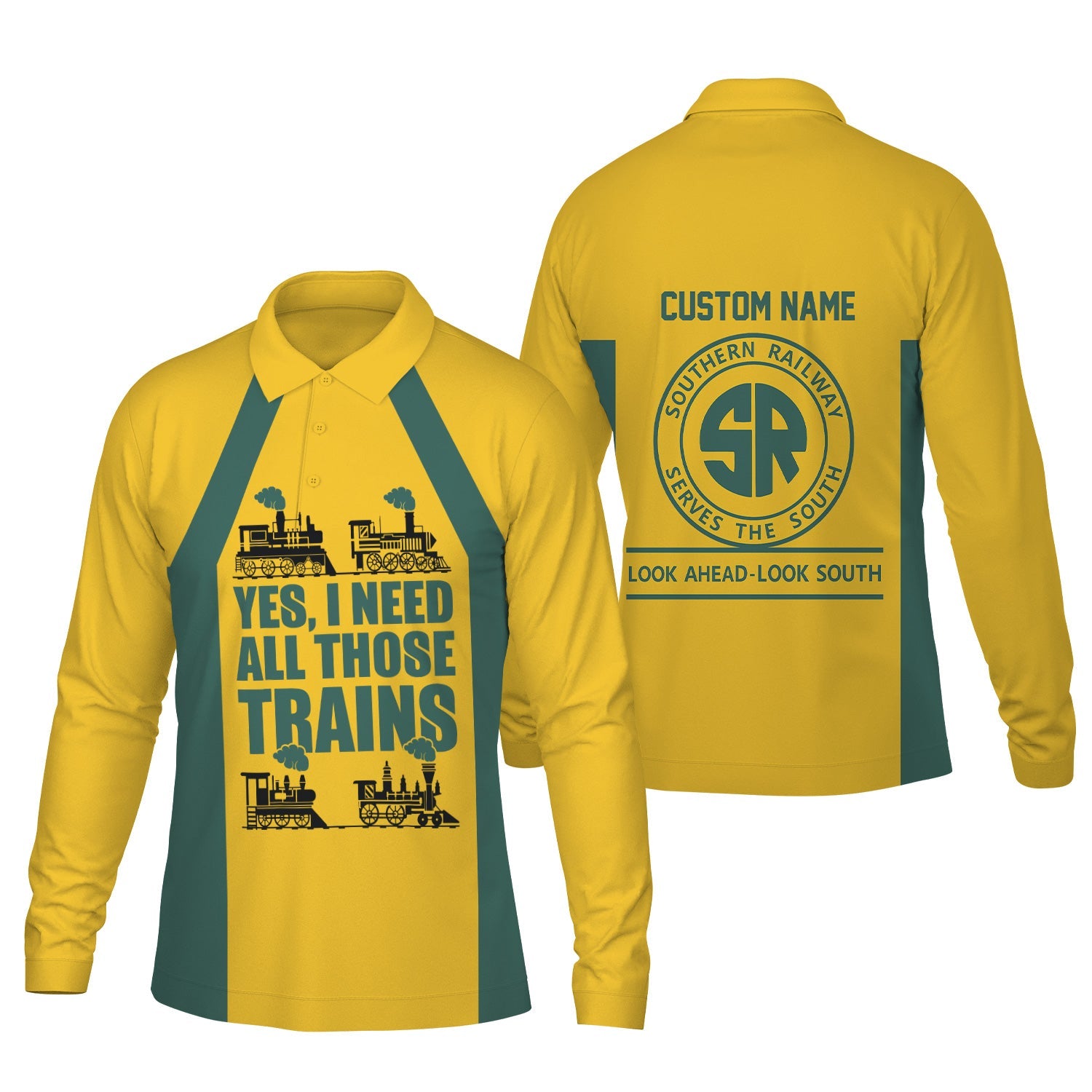 Railspirit Custom Name Southern Railway U.S Long Sleeve Polo Shirt Yes I Need All Those Train SOU Printed Shirt