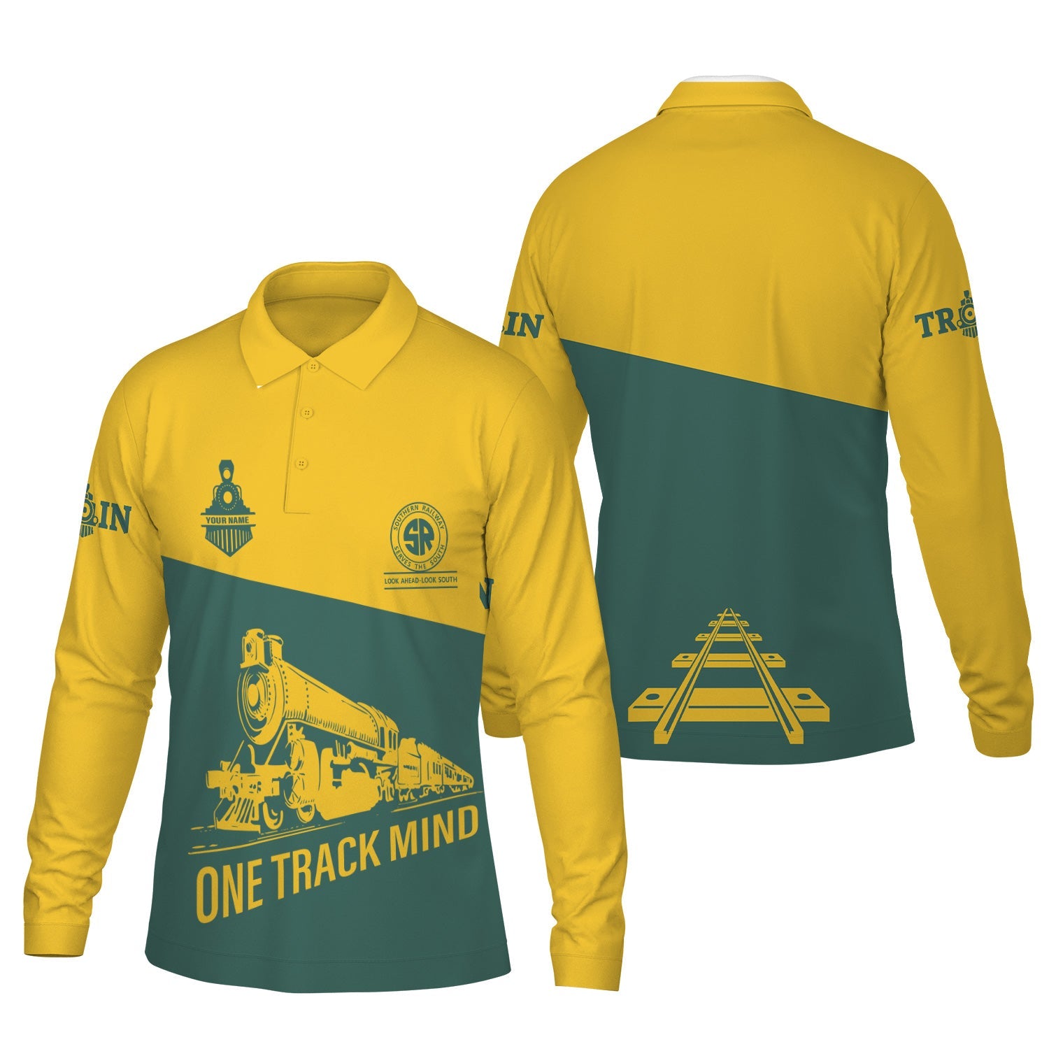 Railspirit Custom Name Southern Railway U.S Long Sleeve Polo Shirt One Track Mind SOU Printed Shirt