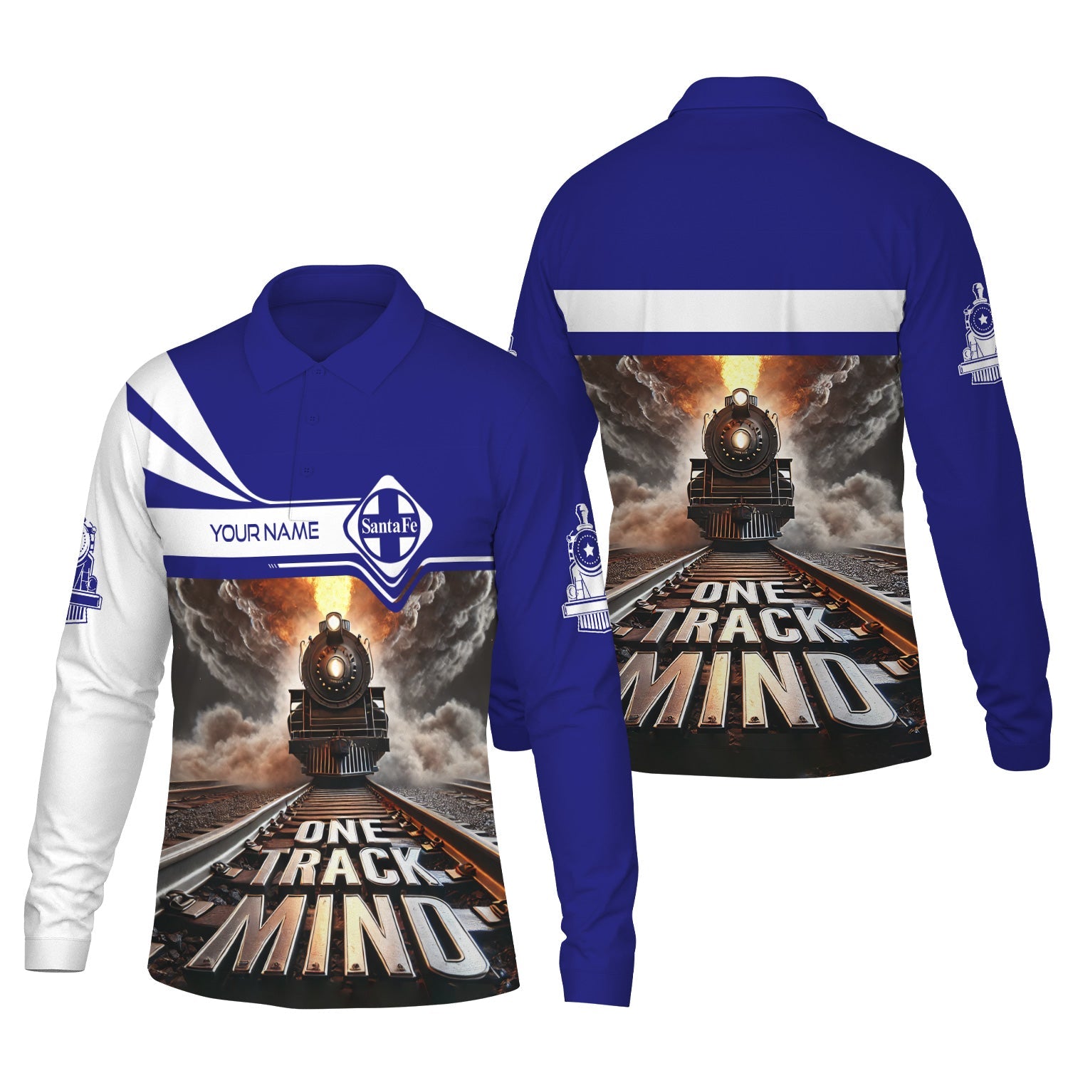 Railspirit Personalized Santa Fe Railway Long Sleeve Polo Shirt One Track Mind Atchison, Topeka and Santa Fe Railway Train Printed Shirt