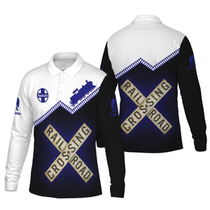 Railspirit Custom Name Santa Fe Railway Long Sleeve Polo Shirt Railroad Crossing Atchison, Topeka and Santa Fe Railway Printed Train Track Shirt