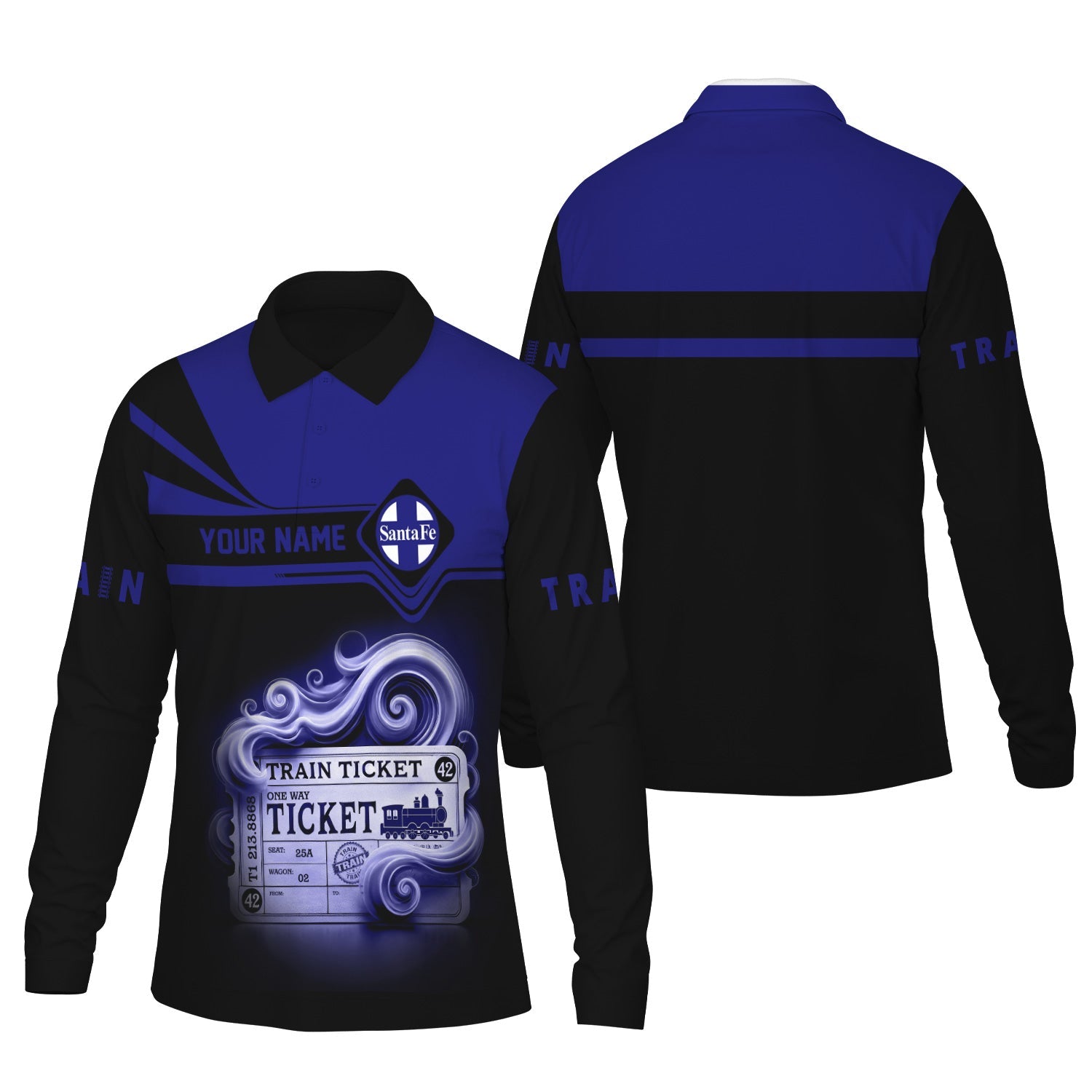Railspirit Custom Name Santa Fe Railway Long Sleeve Polo Shirt Train Ticket Atchison, Topeka and Santa Fe Railway Printed Shirt