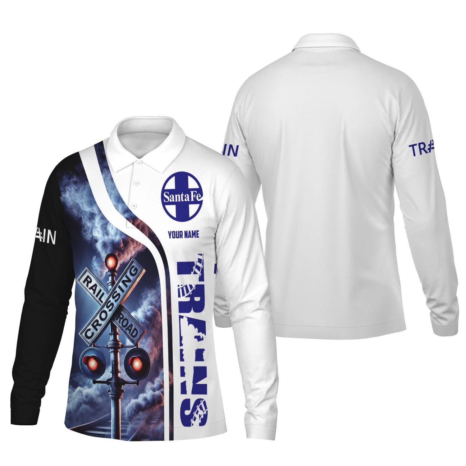 Railspirit Custom Name Santa Fe Railway Long Sleeve Polo Shirt Railroad Crossing Sign Atchison, Topeka and Santa Fe Railway Printed Shirt