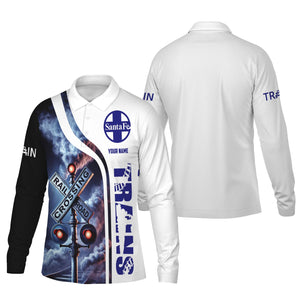 Railspirit Custom Name Santa Fe Railway Long Sleeve Polo Shirt Railroad Crossing Sign Atchison, Topeka and Santa Fe Railway Printed Shirt