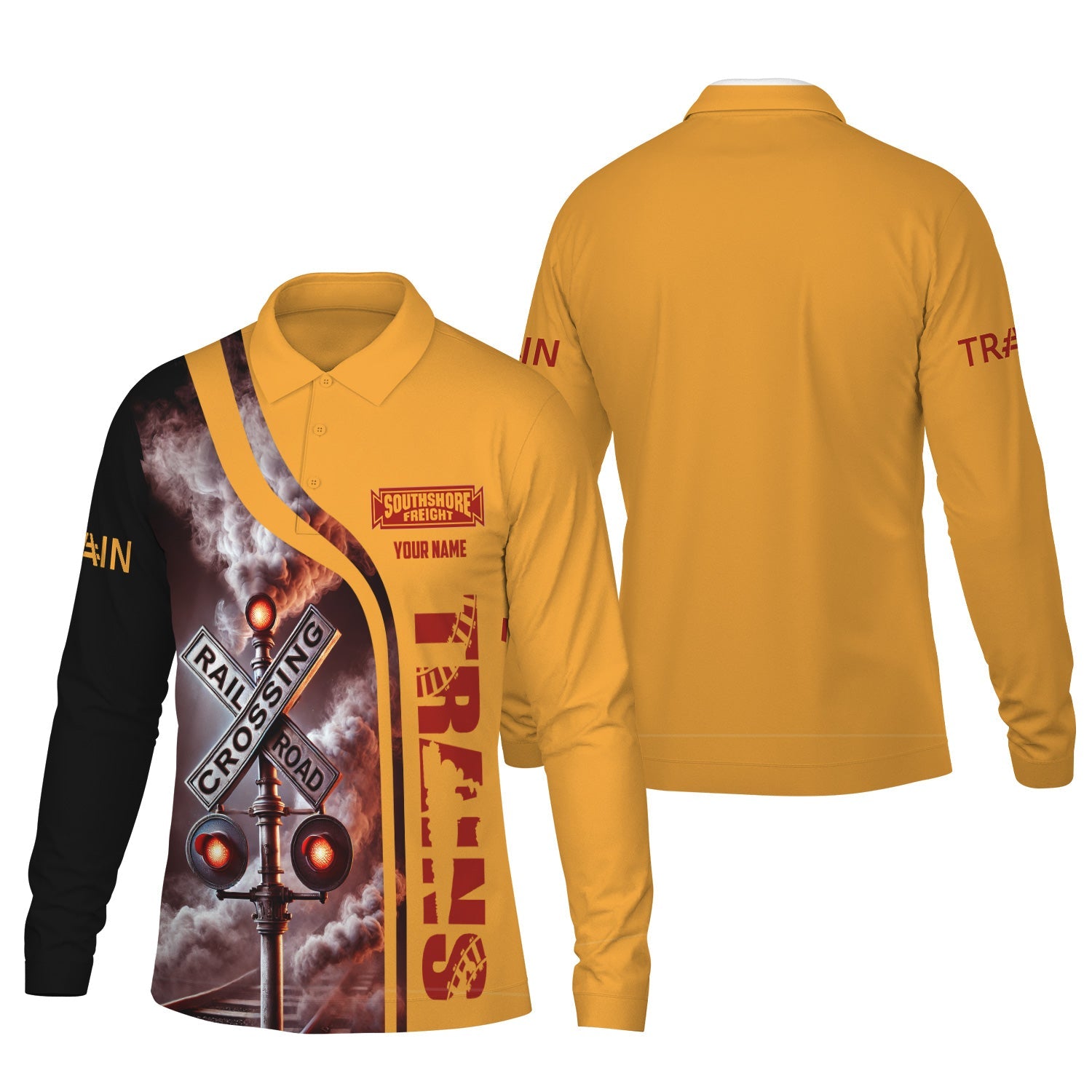 Railspirit Custom Name Chicago South Shore and South Bend Railroad Long Sleeve Polo Shirt Railroad Crossing Sign Printed Shirt