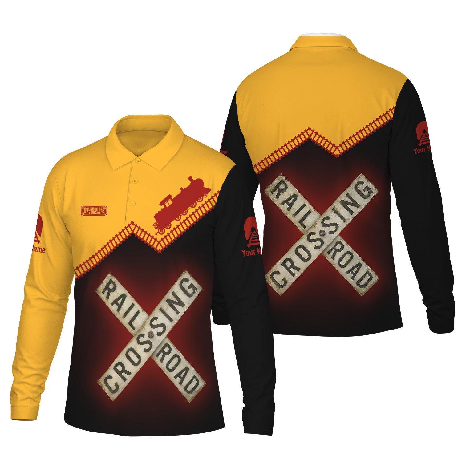 Railspirit Custom Name Chicago South Shore and South Bend Railroad Long Sleeve Polo Shirt Railroad Crossing Printed Train Track Shirt