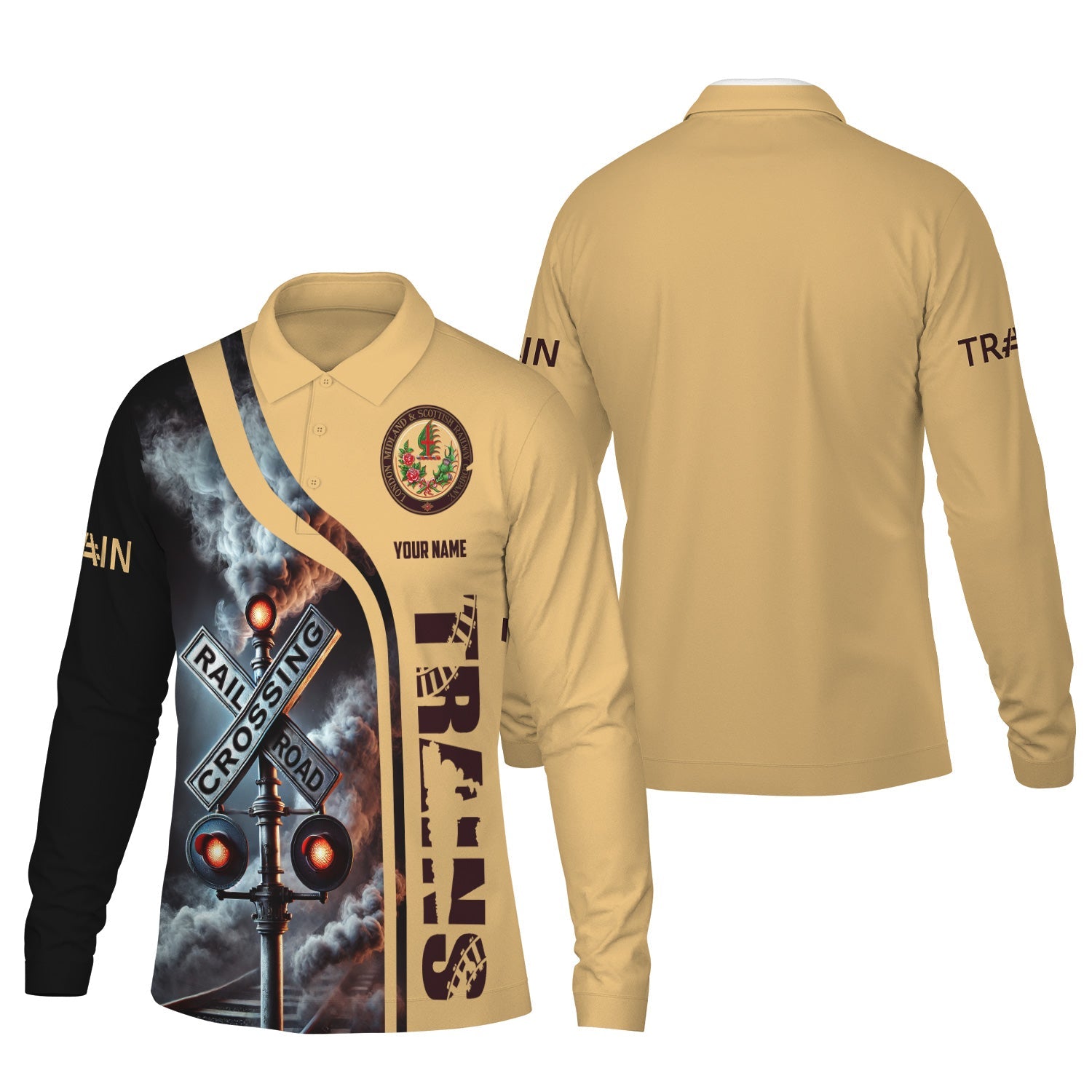 Railspirit Custom Name London, Midland and Scottish Railway Long Sleeve Polo Shirt Railroad Crossing Sign Printed Shirt