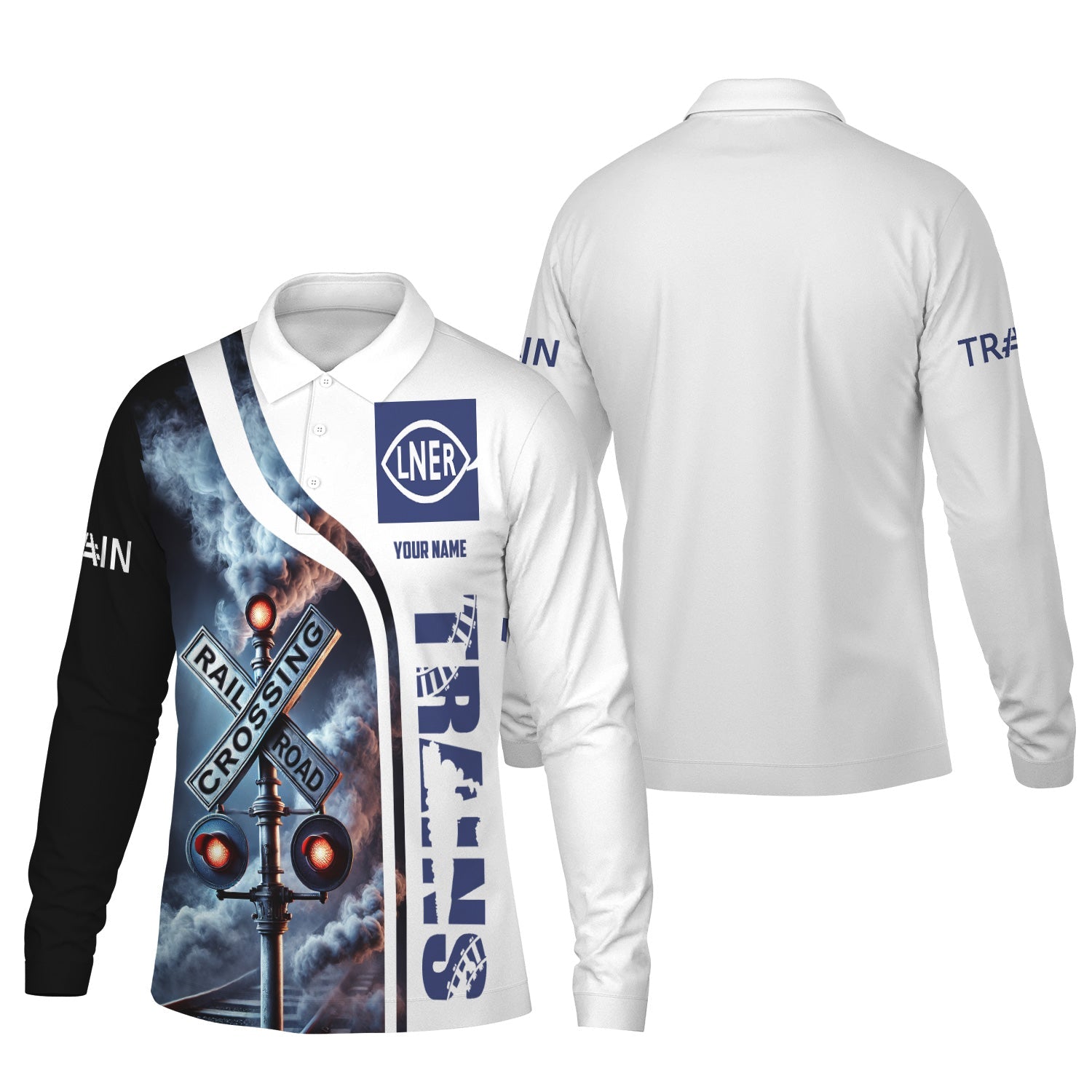 Railspirit Custom Name London and North Eastern Railway Long Sleeve Polo Shirt Railroad Crossing Sign Printed Shirt