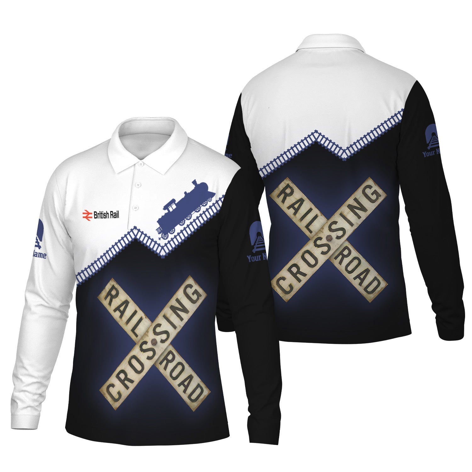Railspirit Custom Name Bristish Railway Long Sleeve Polo Shirt Railroad Crossing Printed Train Track Shirt
