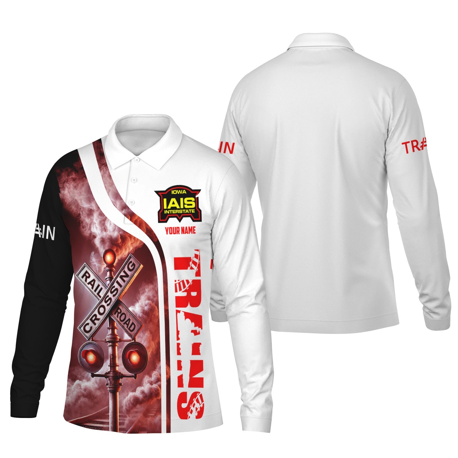Railspirit Custom Name Iowa Interstate Railroad Long Sleeve Polo Shirt Railroad Crossing Sign IAIS Printed Shirt