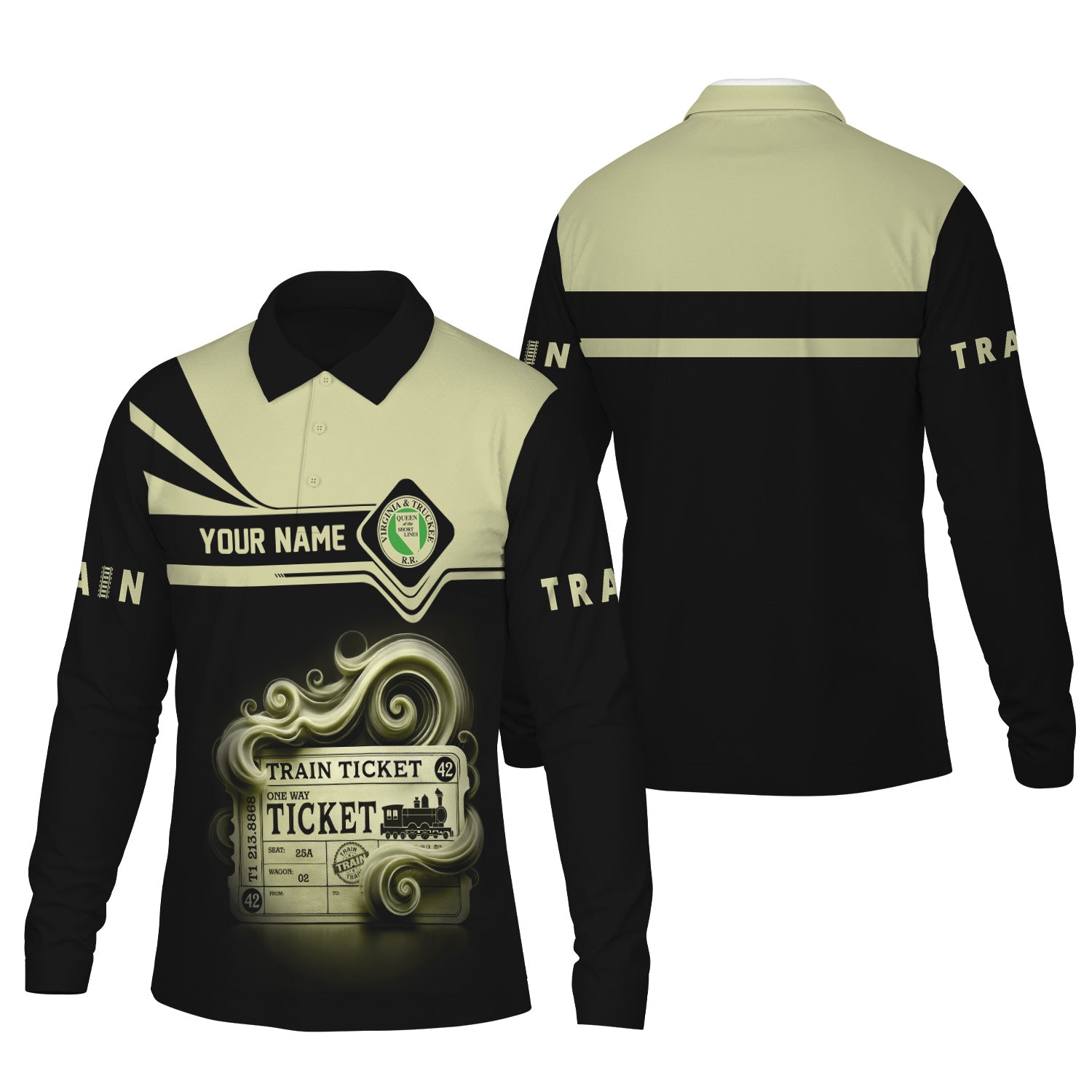 Railspirit Custom Name Virginia & Truckee Railroad Long Sleeve Polo Shirt Train Ticket Printed Shirt