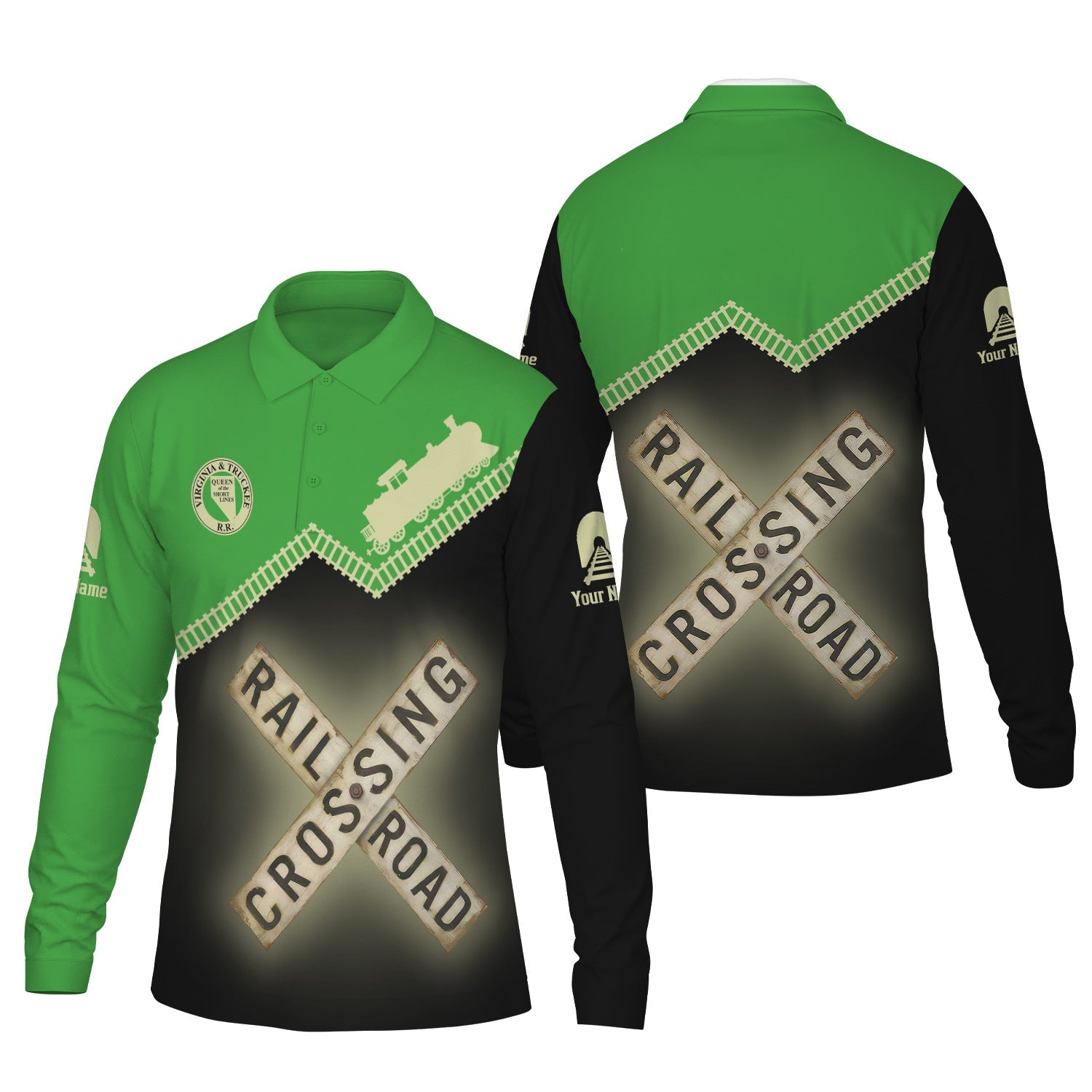 Railspirit Custom Name Virginia & Truckee Railroad Long Sleeve Polo Shirt Railroad Crossing Printed Train Track Shirt