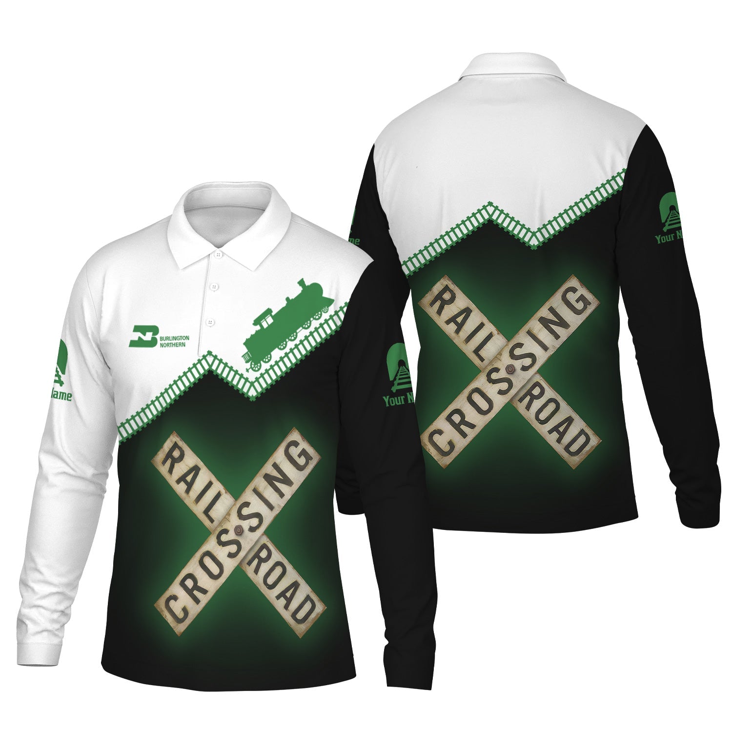 Railspirit Custom Name Burlington Northern Railroad Long Sleeve Polo Shirt Railroad Crossing Printed Train Track Shirt