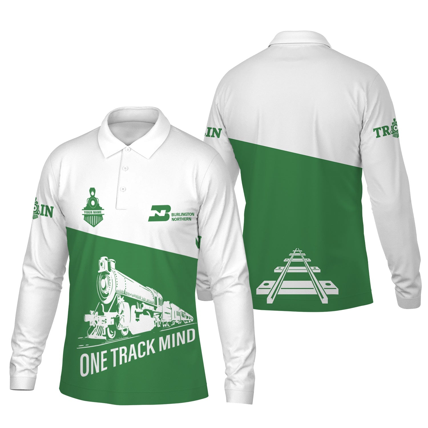 Railspirit Custom Name Burlington Northern Railroad Long Sleeve Polo Shirt One Track Mind Printed Shirt