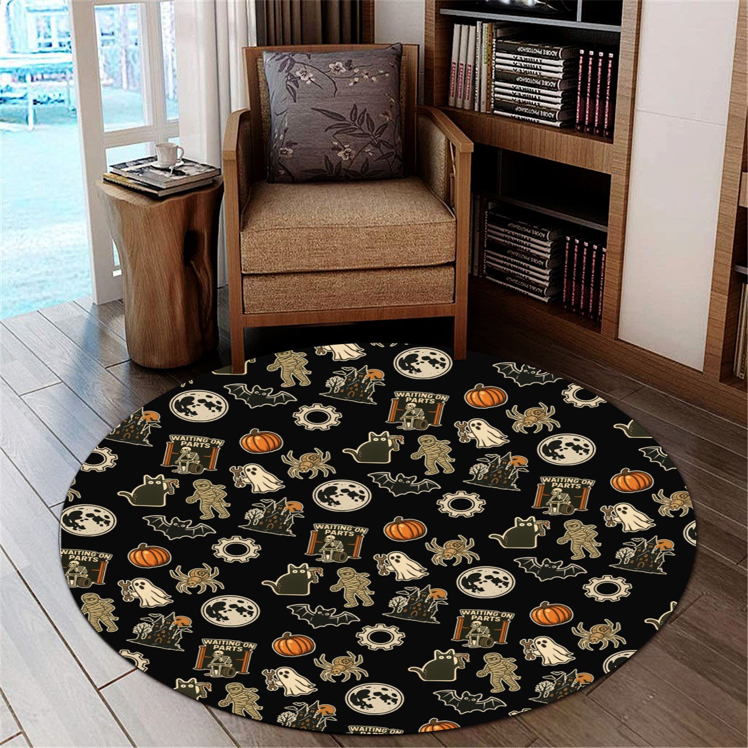 Funny Halloween Mechanic Round Mat , Spooky Pumpkin Ghost Mummy Spider Bat Moon Costume Funny Scary Rug for Mechanic