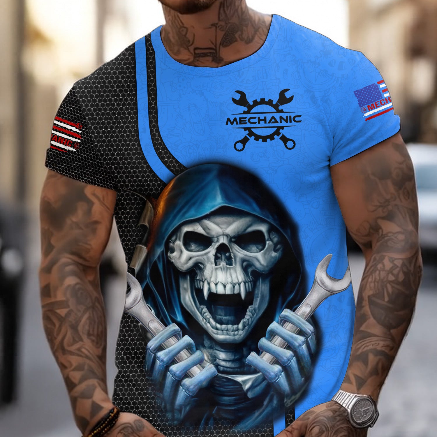 Mechanic Skull Shirt with Wrenches, Cool Automotive Apparel for Car Lovers, Gift for Mechanics & DIY Enthusiasts