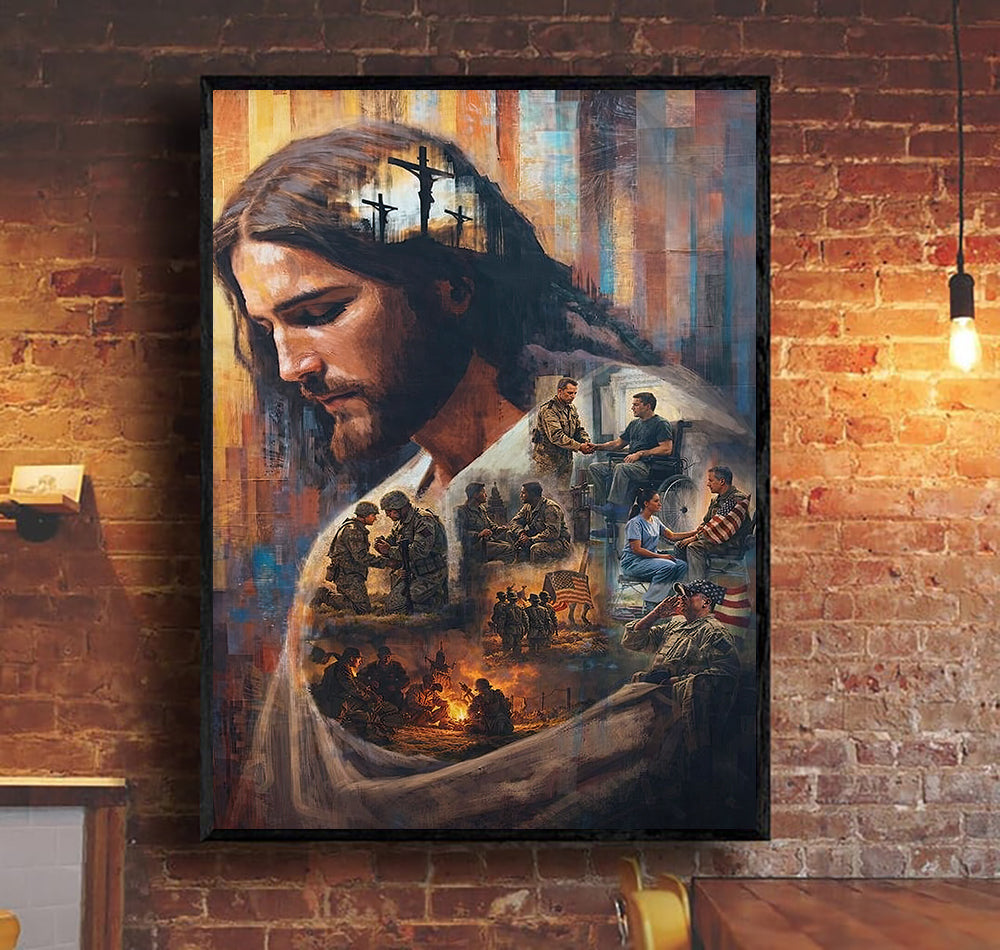 Jesus Christ Wall Art Canvas Print, Faith & Sacrifice Artwork, Christian Home Decor, Veteran Tribute Art, Spiritual Gift for Family