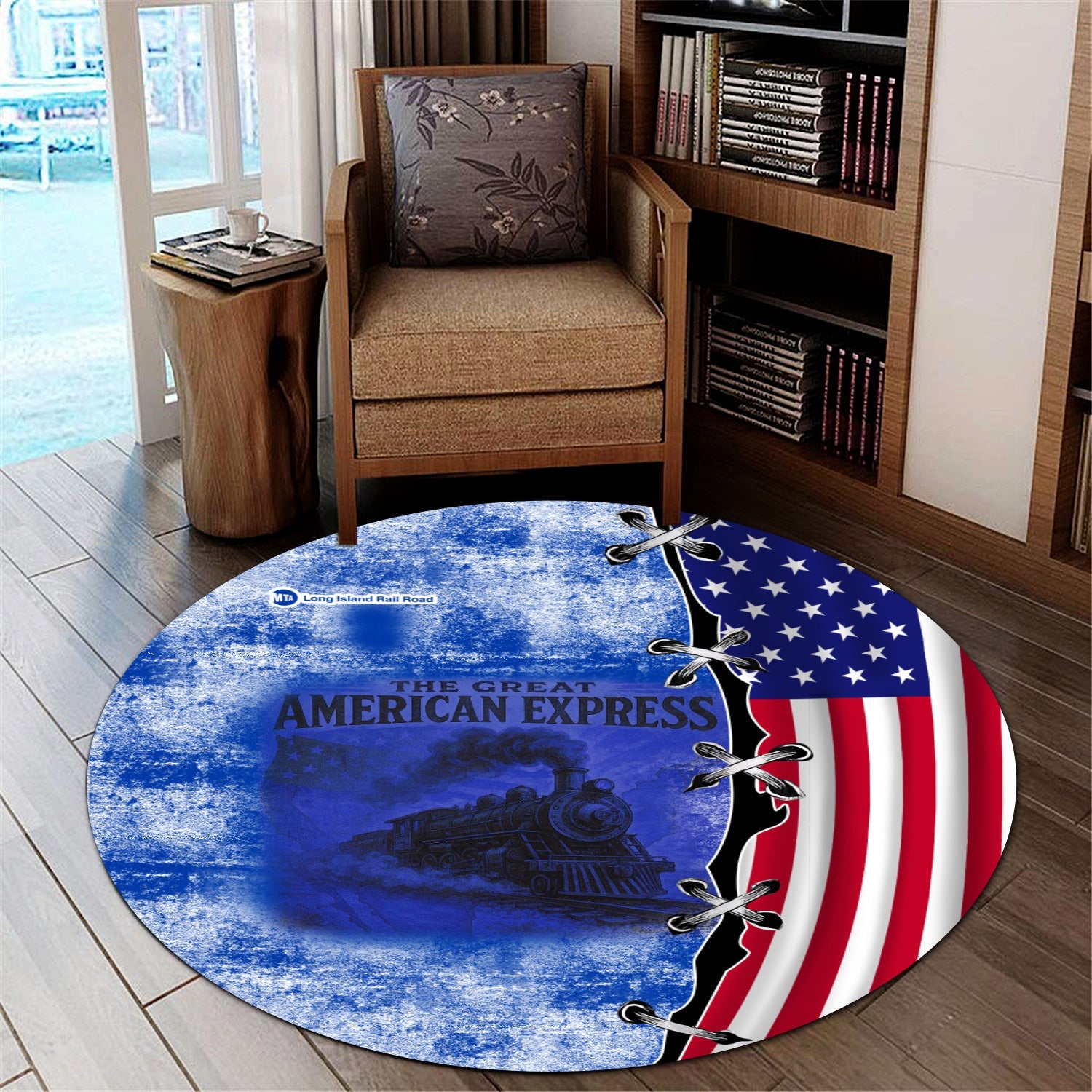 Railspirit Long Island Railroad Round Mat Retro American Express Train With USA Flag Round Mat