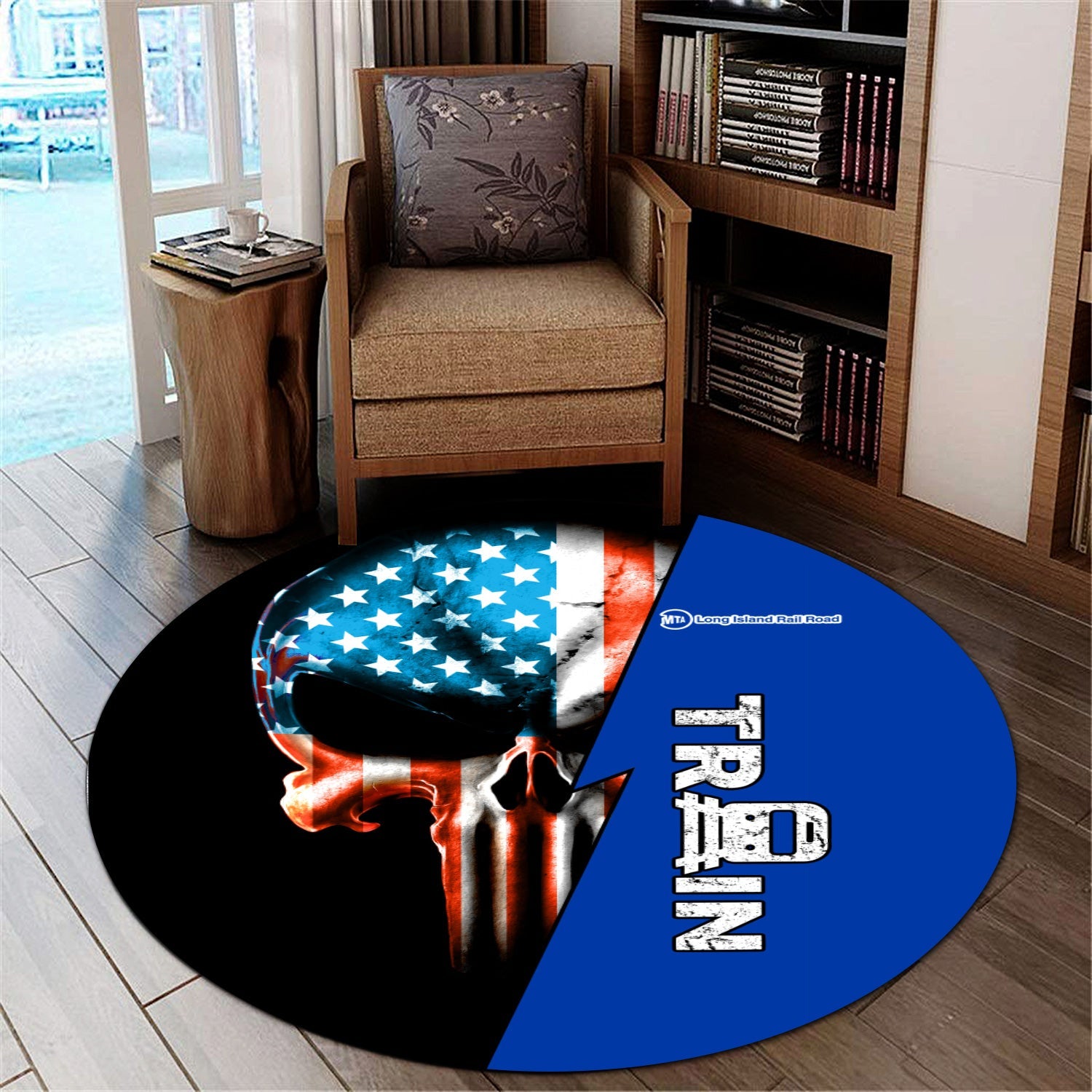 Railspirit Long Island Railroad Round Mat Train Skull American Flag Style Rug All Over Print