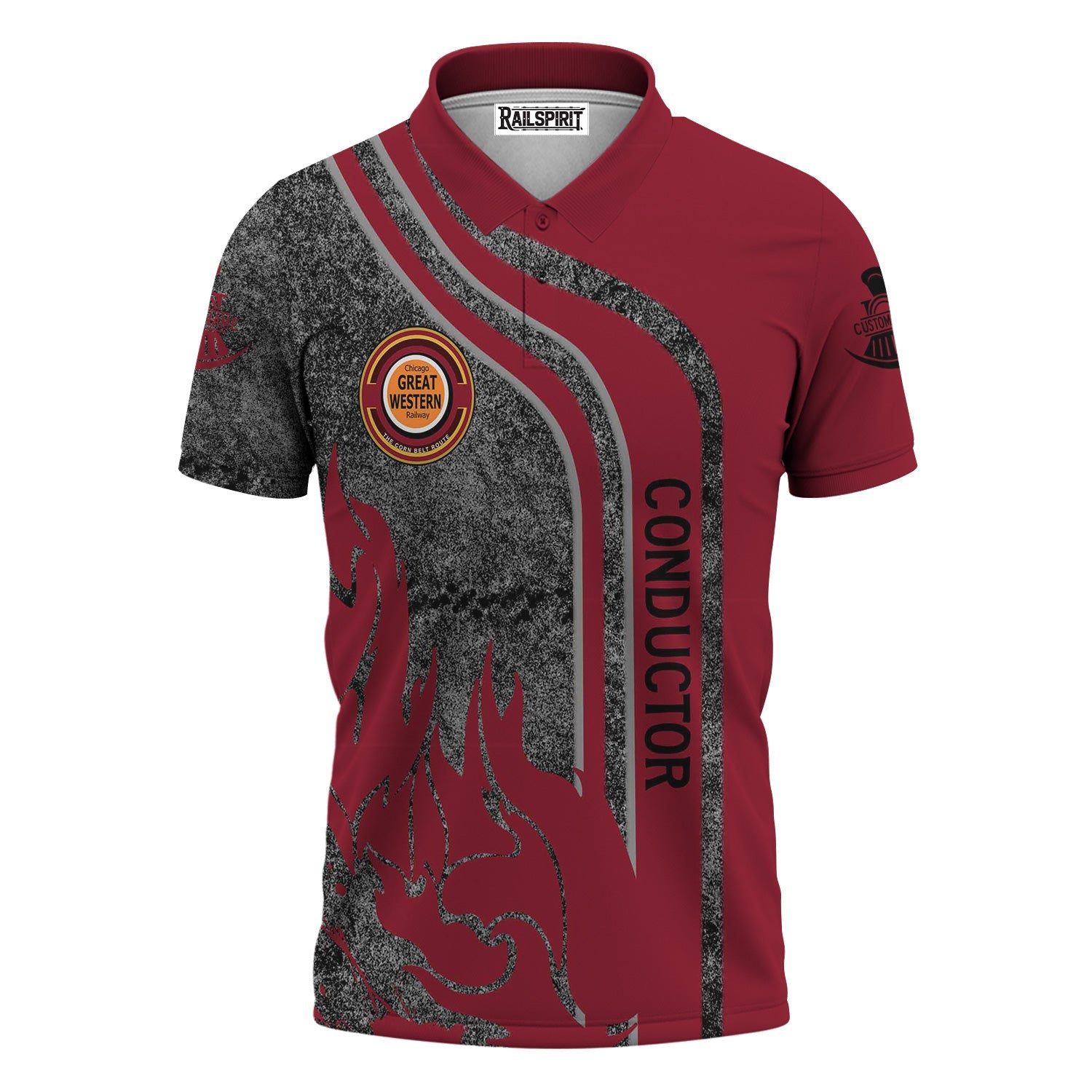 Railspirit Personalized Chicago Great Western Railroad Polo Shirt Flame Design with Custom Job Position Train Shirt