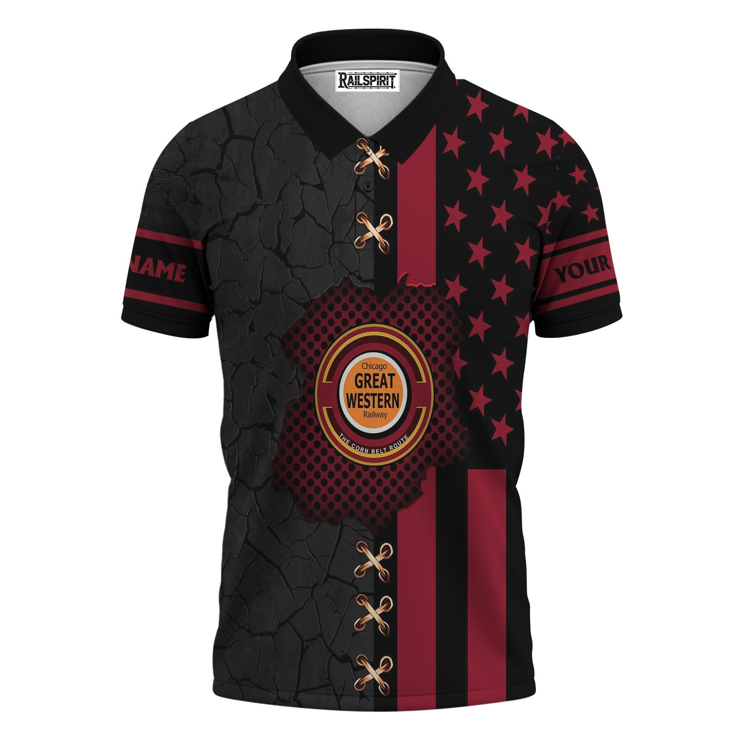 Railspirit Personalized Chicago Great Western Railroad Polo Shirt American Flag with Crack Effect Train Shirt